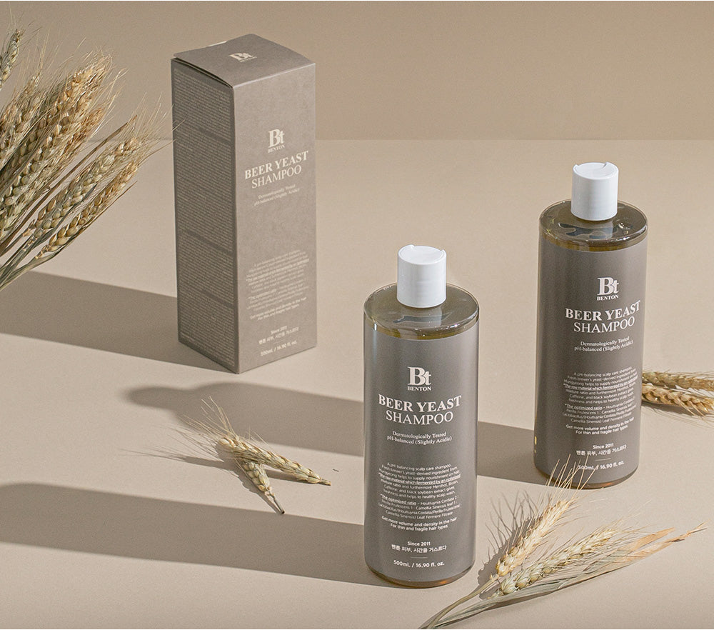 Benton Beer Yeast Shampoo 500ml, flüssiges Shampoo für gesundes Haar, mit Bierhefe-Extrakt, auf weißem Hintergrund.