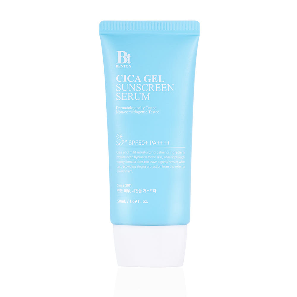 Benton Cica Gel Sonnenschutzserum, 50ml, hellgelbe Textur und Verpackung, ideal für empfindliche Haut, Sun Serum von Benton