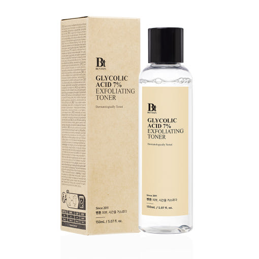 Benton Glycolic Acid 7% Exfoliating Toner Flasche, 150ml, mit Klarsichtflasche und weißem Deckel, für die Hautpflege.