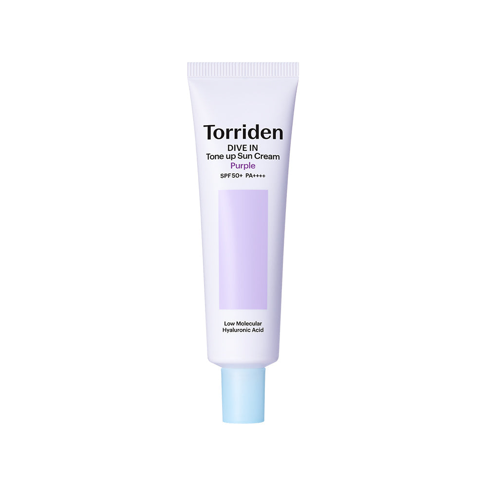 Torriden DIVE IN Purple Tone Up Sonnenschutz SPF50+ PA++++, 60 ml, cremige Textur in lila Verpackung, aufhellender Sonnenschutz