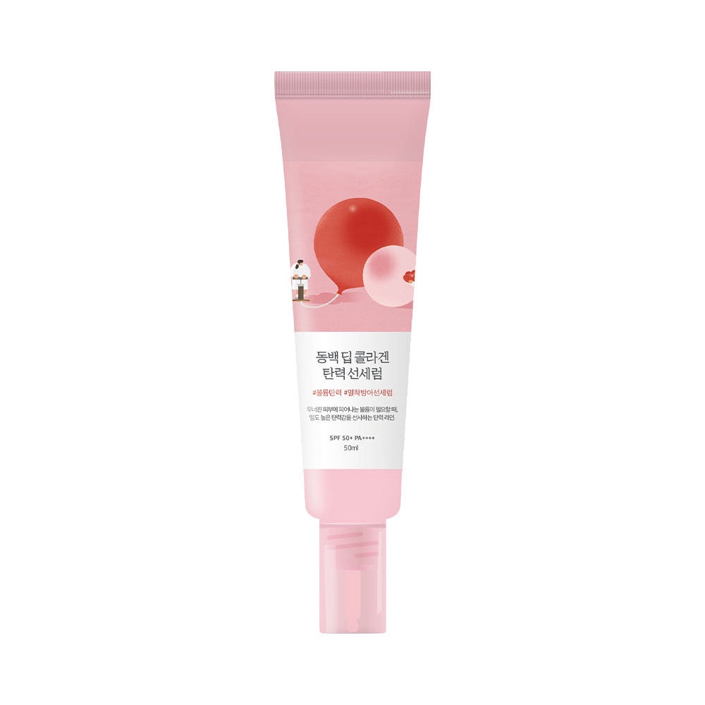 Rundes Lab Camellia Deep Collagen Firming Sun Serum SPF50+ PA++++, 50 ml, flüssiges Sonnenschutz-Serum in einer Glasflasche