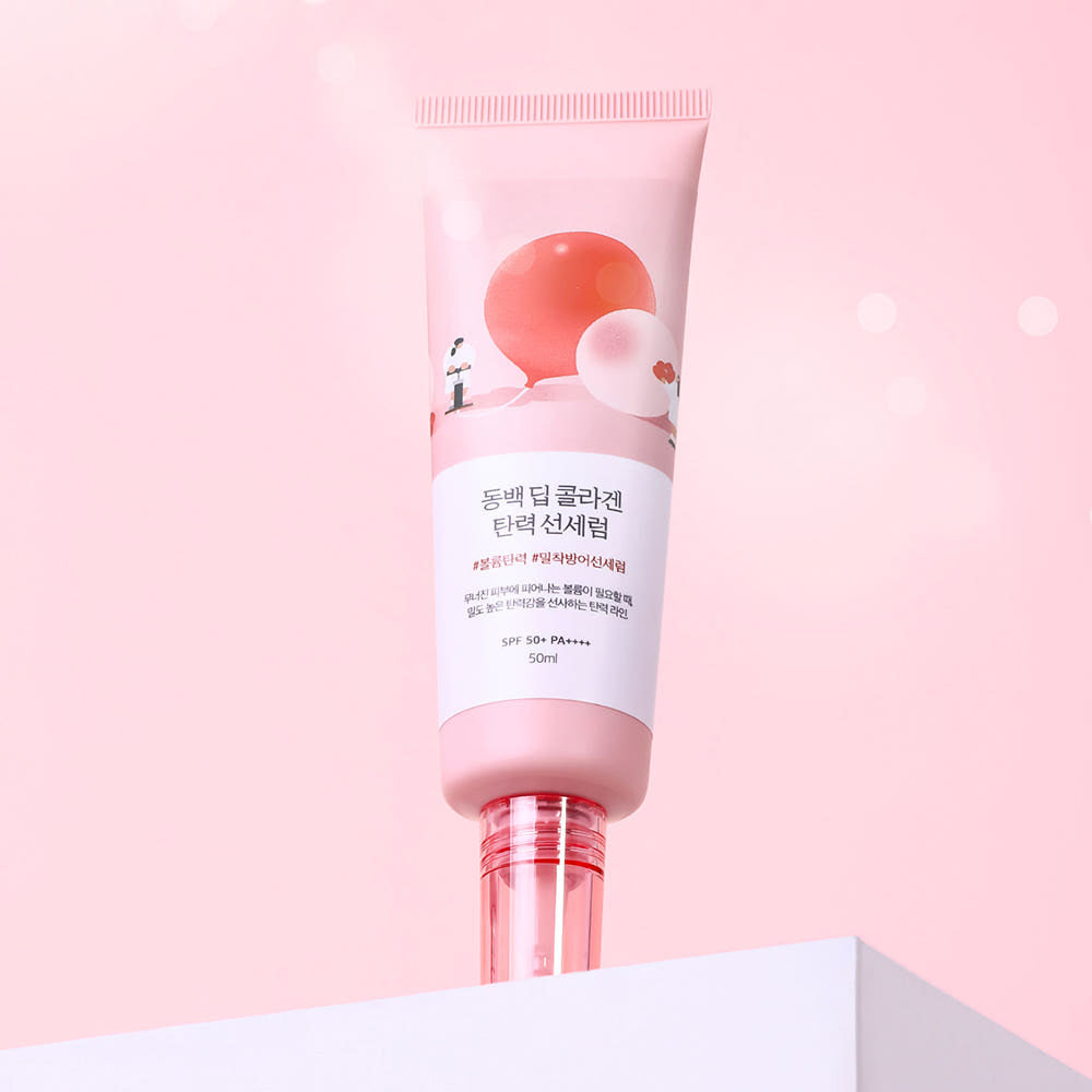 Round Lab Camellia Deep Collagen Sun Serum, SPF50+ PA++++, 50 ml, straffendes Sonnenschutz-Serum in einer weißen Flasche