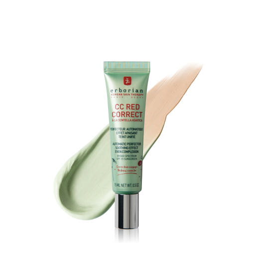 Erborian CC Red Correct CC Cream in 15ml, mit roter Korrekturformel, sichtbare Verpackung und Textur auf weißem Hintergrund.