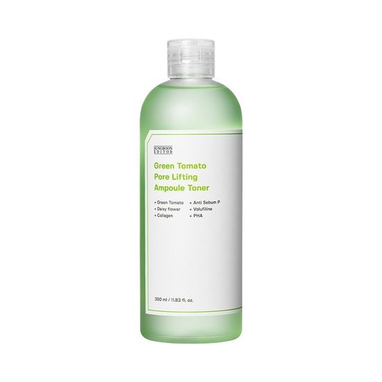 SUNGBOON EDITOR Green Tomato Pore Lifting Ampoule Toner in 350ml Flasche, zeigt die Toner-Flasche mit grüner Tomate auf der Verpackung