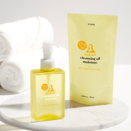 ETUDE Real Art Reinigungsöl mit Feuchtigkeitsformel, 185 ml Flasche, zeigt die Produktverpackung und den Flascheninhalt.