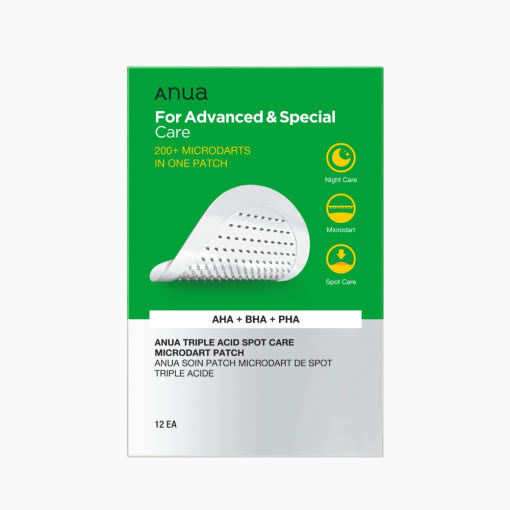 Anua Triple Acid Spot Care Mikronadel-Pflaster gegen Pickel und Unreinheiten, 12 Stück auf einer Verpackung.