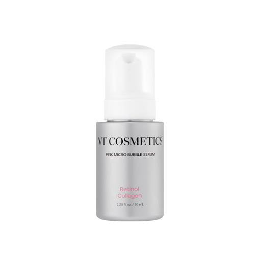 VT Reto Collagen Pink Micro Bubble Serum in 70ml Flasche, zeigt das elegante Serum mit pinker Verpackung und Dosierspumpe