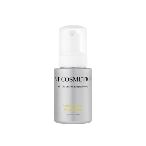 VT Niacinamide Glutathione Micro Bubble Serum in 70ml Flasche, gelartige Textur mit gelber Farbe und mikroperlenartige Bläschen