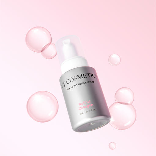 VT Reto Collagen Pink Micro Bubble Serum in 70ml Flasche, Nahaufnahme des Serums mit pinker Verpackung und Dosierpumpe