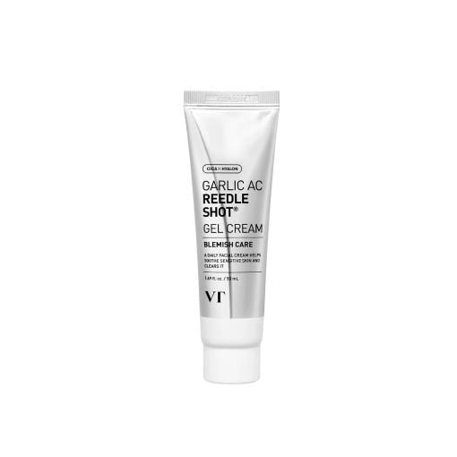 VT Garlic AC Reedle Shot Gel Creme, 50ml, in einer weißen Tube mit grünem Verschluss, zeigt die Produktverpackung mit Gel-Textur.