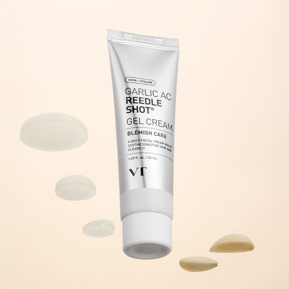 VT Garlic AC Reedle Shot Gel Creme in 50ml, cremige Textur, für Hautpflege, mit Knoblauchextrakten, in einer weißen Verpackung