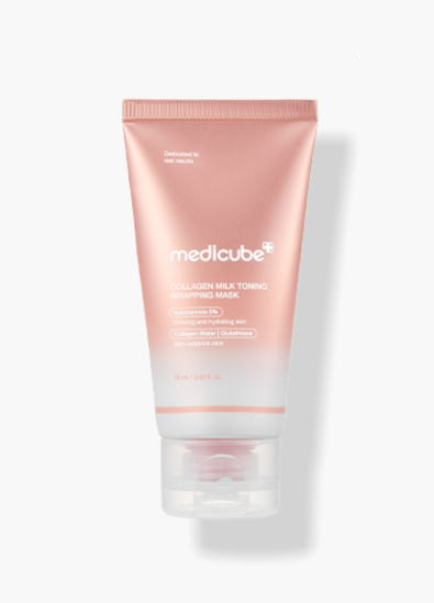 medicube Collagen Milk Toning Mask, Aufhellende Kollagen-Milch Nachtmaske in 75 ml, zeigt die Verpackung und Maske.