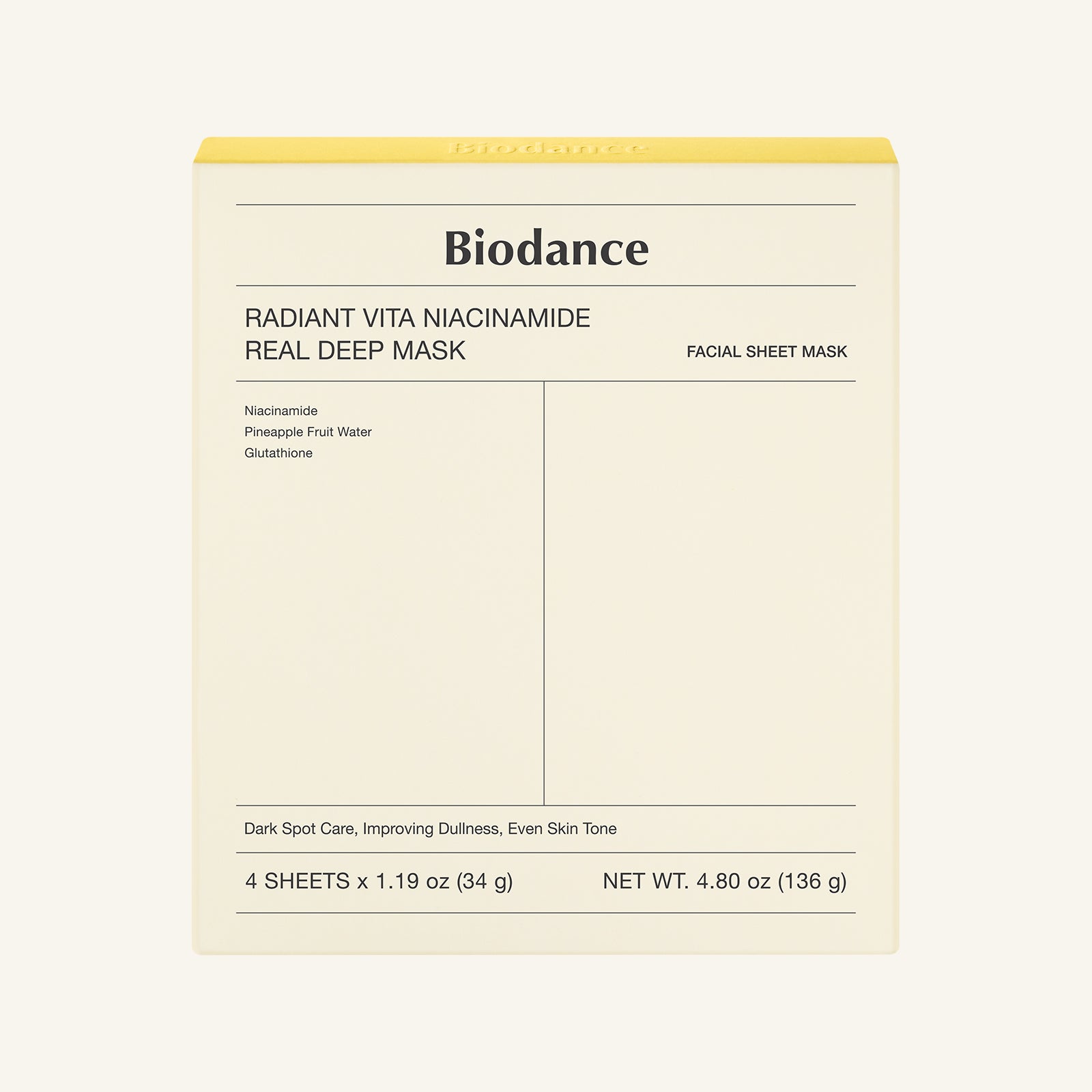 Biodance Radiant Vita Niacinamide Tuchmaske für strahlende Haut, 34 g, 4 Stück, auf der Haut getragen, nährend und aufhellend