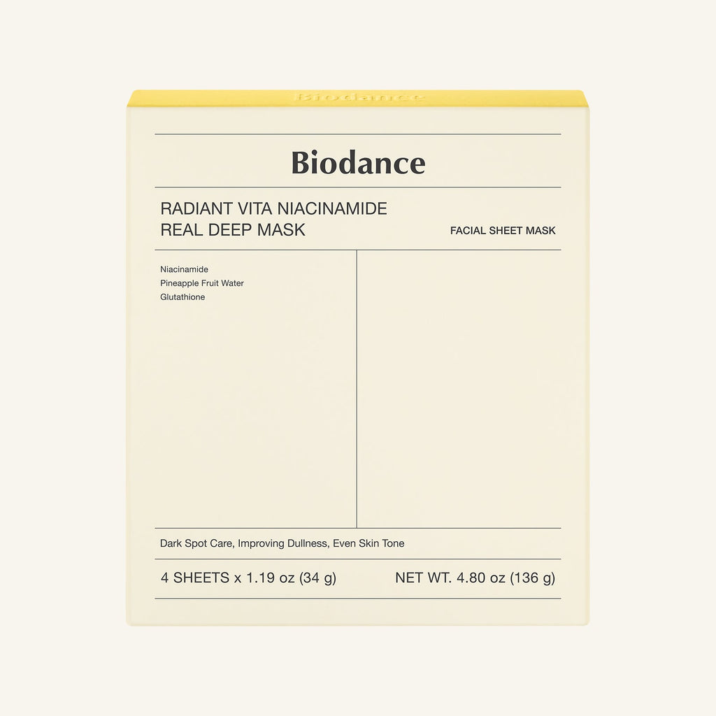 Biodance Radiant Vita Niacinamide Gesichtsmaske, aufhellende Tuchmaske, 34 g, 4 Stück, entspannende Gesichtspflege