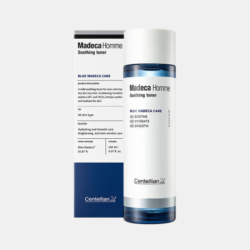 Centellian24 Madeca Homme Beruhigender Centella-Toner für Männer, 150 ml, in einer weißen Flasche mit Pumpspender.