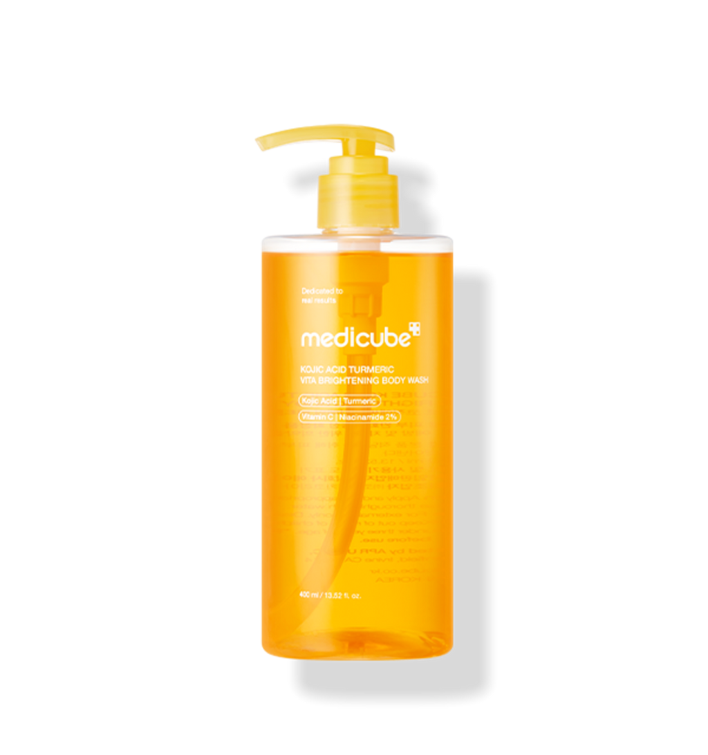 Medikube Kojic Acid Turmeric Vita Brightening Body Wash in 400 ml Flasche, aufhellende Körperpflege mit Kojic Acid und Kurkuma.