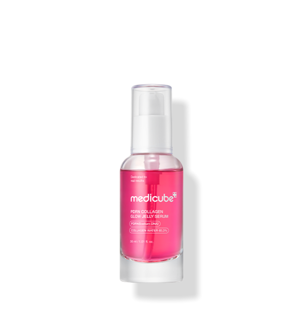 Medicube PDRN Collagen Glow Jelly Serum in einer transparenten Flasche, zeigt das Produkt mit Kollagen- und PDRN-Formel.