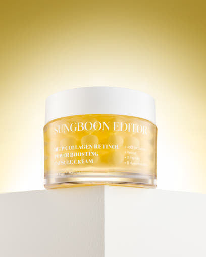 SUNGBOON EDITOR Deep Collagen Retinol Power Boosting Capsule Cream in einer 50ml Dose, cremige Textur in der Verpackung.