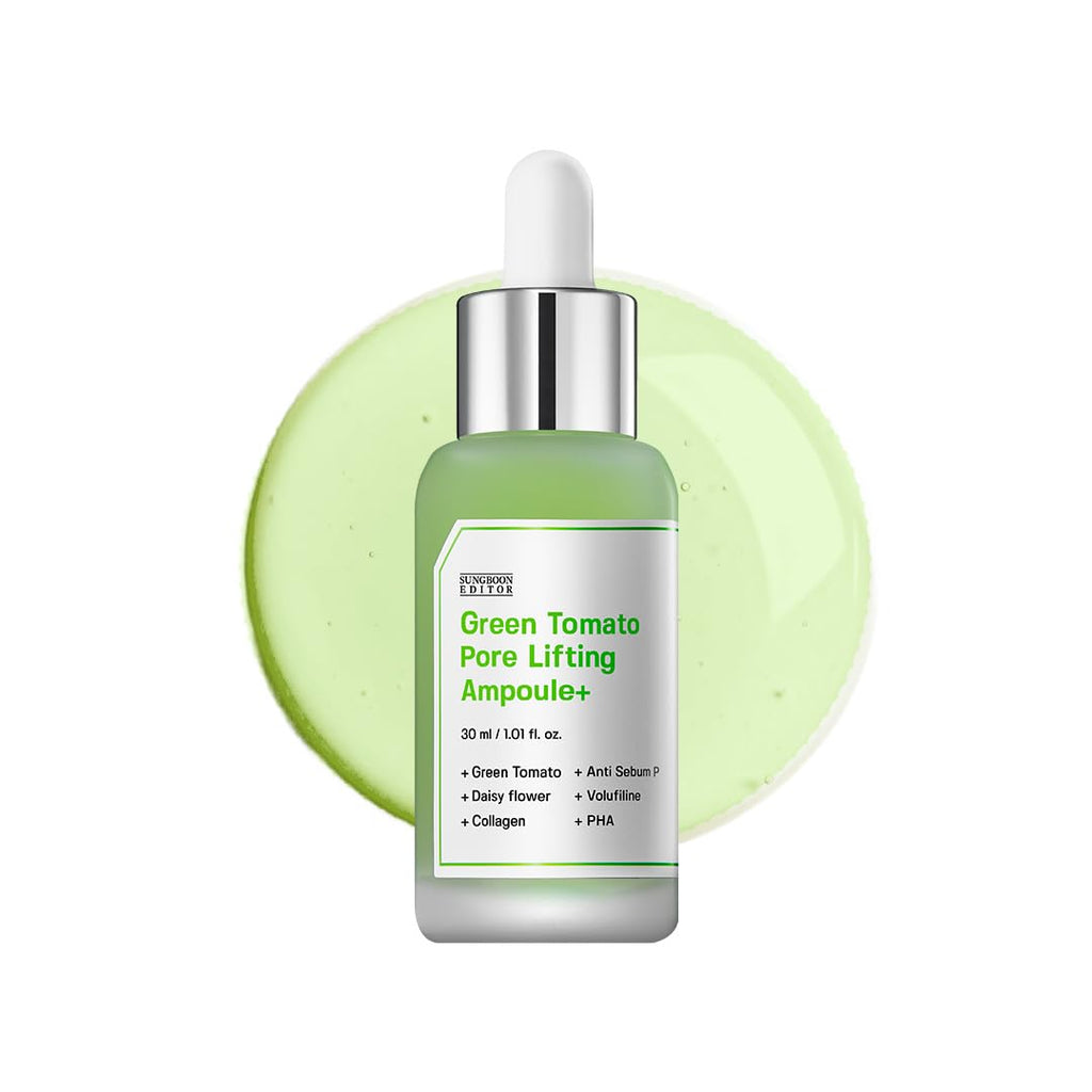 SUNGBOON EDITOR grüne Tomaten-Pore-Lifting-Ampulle, 30ml, in eleganter Flasche mit grünem Inhalt und Pipette