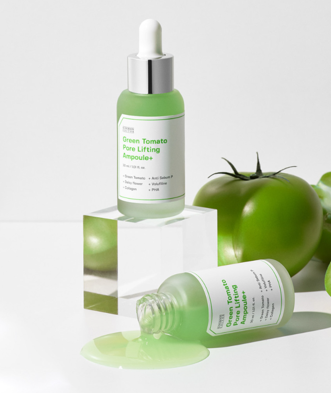 SUNGBOON EDITOR Green Tomato Pore Lifting Ampulle in 30ml Flasche, sichtbarer Inhalt mit grüner Tomate auf Etikett