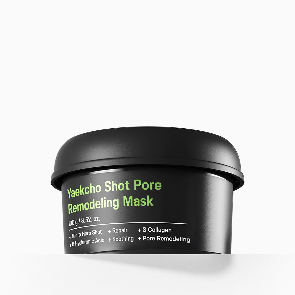 SUNGBOON EDITOR Yakcho Shot Pore Remodeling Maske 100g, weiße Packung mit Anwendungsschaum und Inhaltsstoffen sichtbar