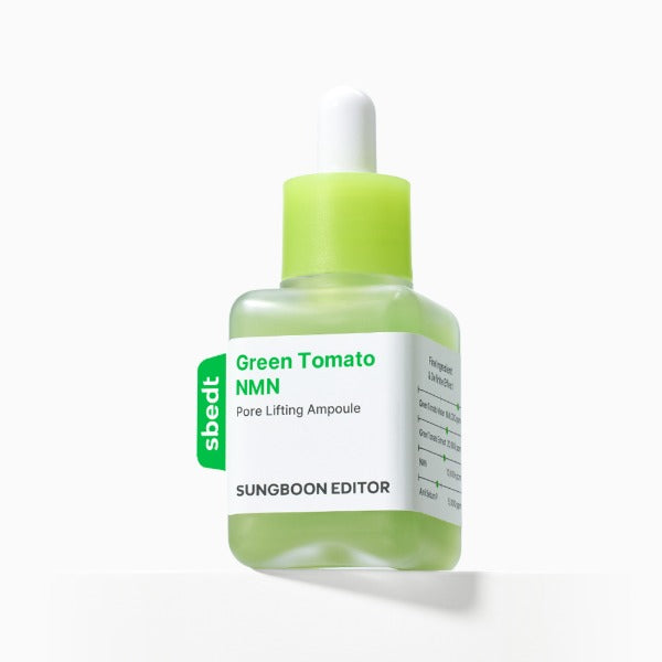 SUNGBOON EDITOR Green Tomato NMN Pore Lifting Ampoule, 40ml, in einer weißen Flasche mit grünem Etikett, Nahaufnahme