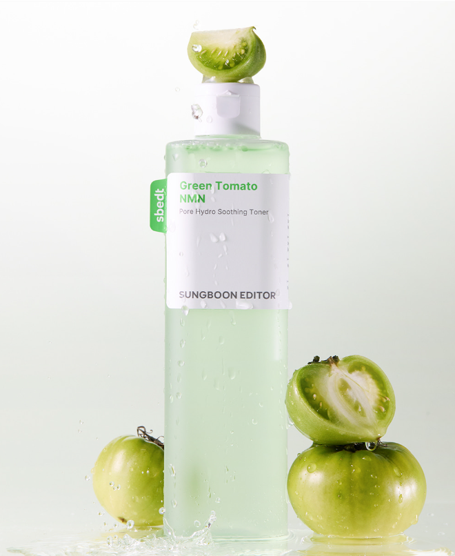 SUNGBOON EDITOR grüner Tomaten NMN Pore Hydro beruhigendes Gesichtswasser, 350 ml Flasche mit klarem Design