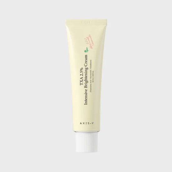 AXIS-Y TXA 2,5% Intensive Brightening Cream 50ml, cremige Textur in einer weißen Verpackung mit blauer Beschriftung.