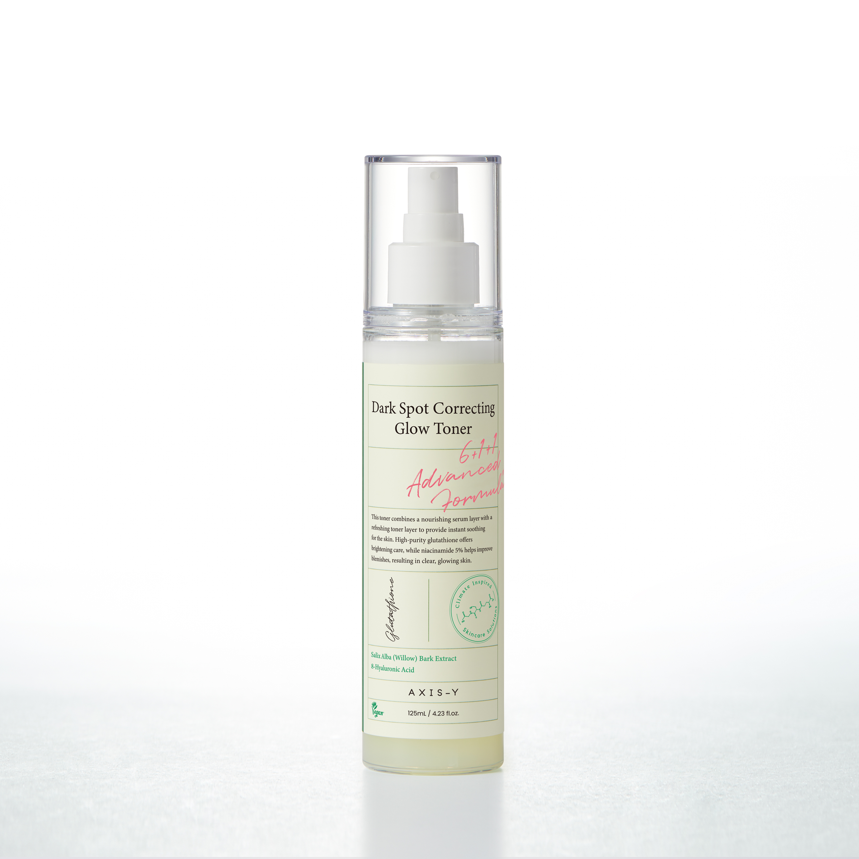 AXIS-Y Dark Spot Correcting Glow Toner 125ml, Flasche mit Toner in eleganter Verpackung auf weißem Hintergrund