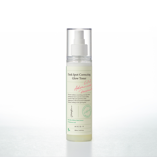 AXIS-Y Dark Spot Correcting Glow Toner 125ml, Flasche mit Toner in eleganter Verpackung auf weißem Hintergrund