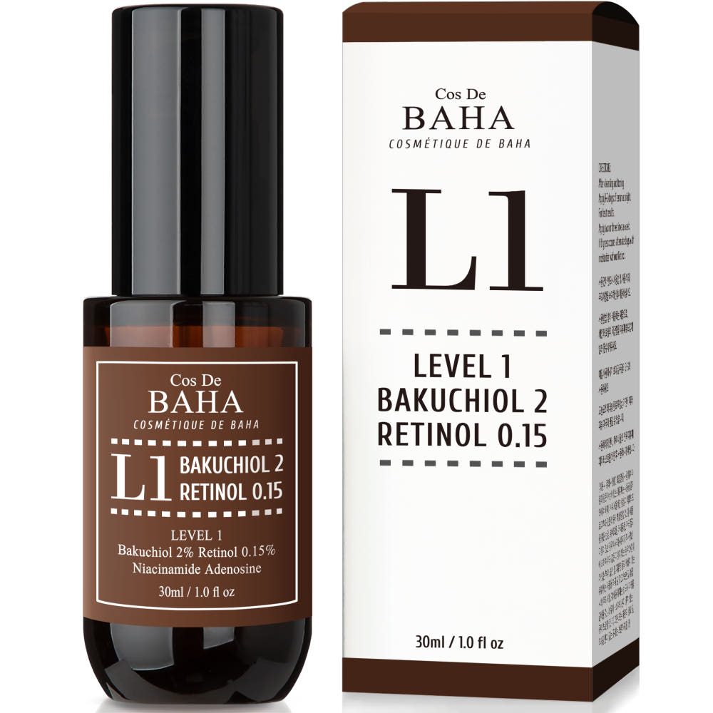 Cos De BAHA L1 Bakuchiol 2% + Retinol 0,15% Serum, 30 ml, Anti-Aging Serum für sanfte Hautpflege, Flasche mit Pipette