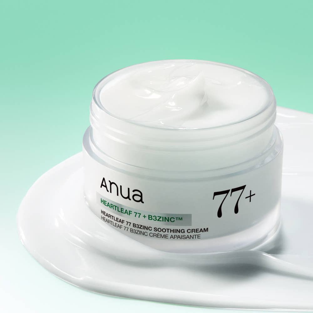 Anua Heartleaf 77 B3Zinc beruhigende Creme für unreine Haut in einem 80 ml Tiegel, sichtbare Textur und Verpackung.