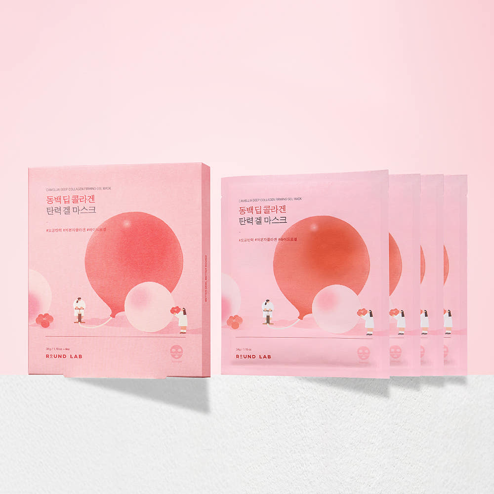 Round Lab Camellia Deep Collagen Gesichtsmaske, 4er Pack, straffende Kollagen-Hydrogelmaske für glatte, festere Haut.