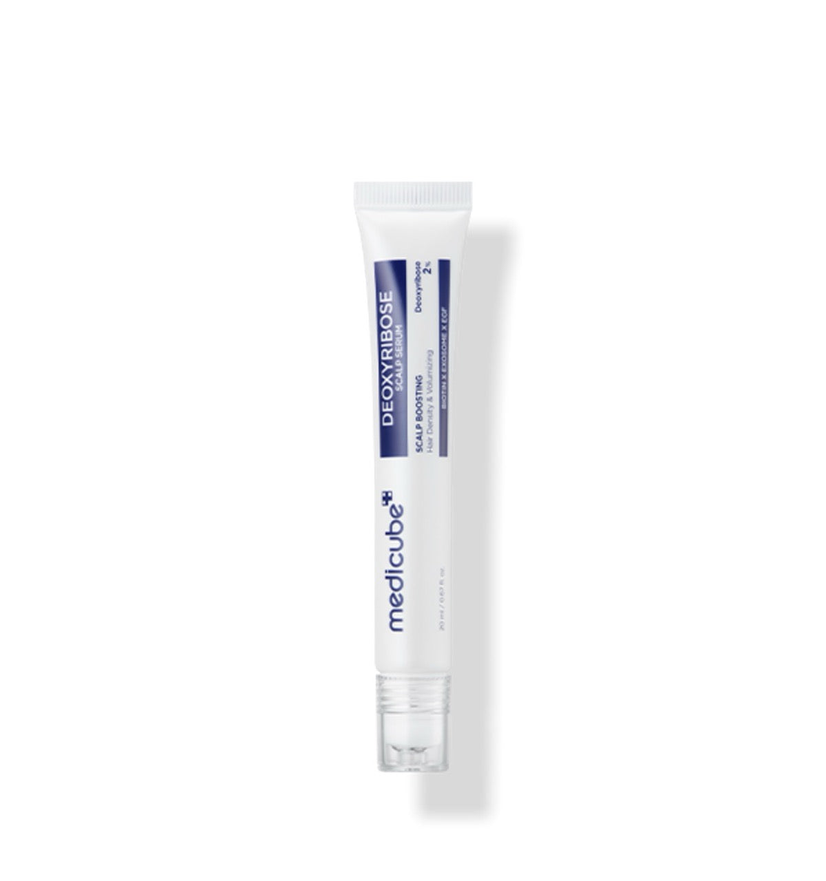 Medicube Deoxyribose Kopfhaut-Serum gegen Haarausfall, 20 ml, auf der Flasche liegend mit Applikator und Verpackung.