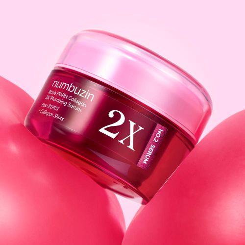 Numbuzin No.2 Rose PDRN Collagen 2X Plumping Serum, 30 ml, flasche mit rosafarbenem Serum und Dosierspender, konzentriertes Volumenserum