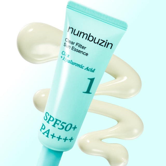 Numbuzin No.1 Clear Filter Sun Essence Sonnenschutz-Serum mit Centella, SPF50+ PA++++, 50 ml in Flasche auf weißem Hintergrund