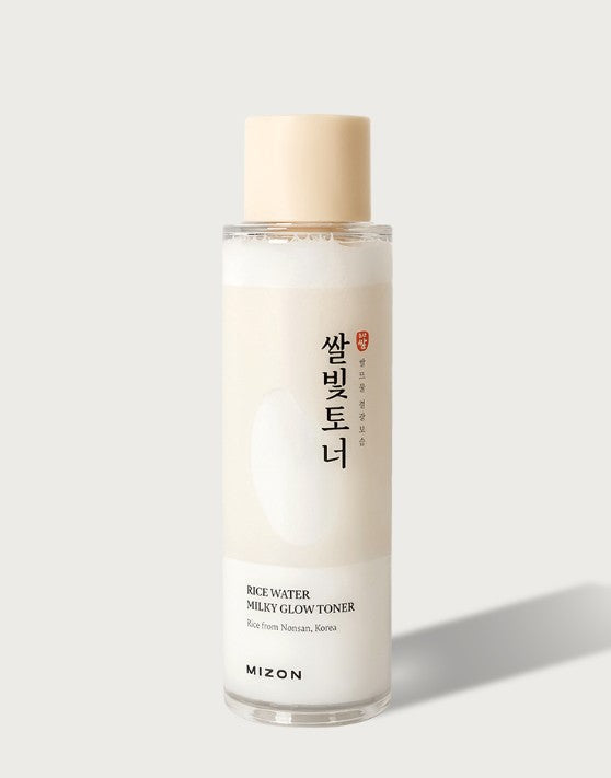 MIZON Rice Water Milky Glow Toner 150ml, Flasche mit weißer Flüssigkeit und milchigem Toner, auf weißem Hintergrund.