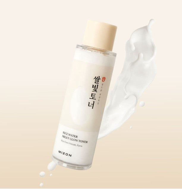 MIZON Rice Water Milky Glow Toner 150ml Flasche mit weißem Toner und eleganter Verpackung, pflegende Gesichtspflege