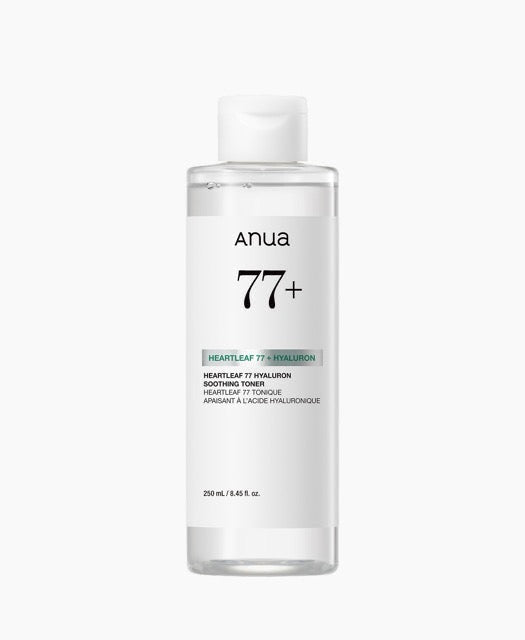 Anua Heartleaf 77 Hyaluron beruhigender Feuchtigkeits-Toner in 250 ml Flasche, mit sanfter Textur und hautberuhigender Wirkung.