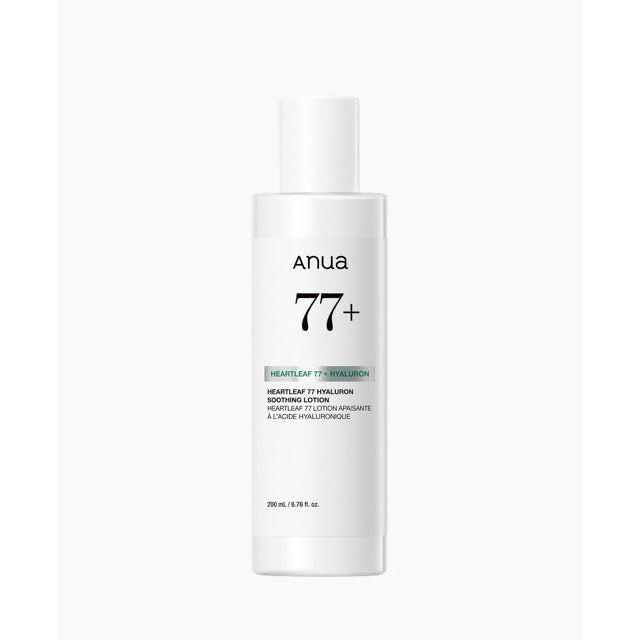 Anua Heartleaf 77 Hyaluron beruhigende Feuchtigkeitslotion in 200 ml Flasche, zeigt die Lotion in einer weißen Tube