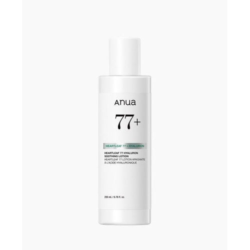 Anua Heartleaf 77 Hyaluron beruhigende Feuchtigkeitslotion in 200 ml Flasche, zeigt die Lotion in einer weißen Tube