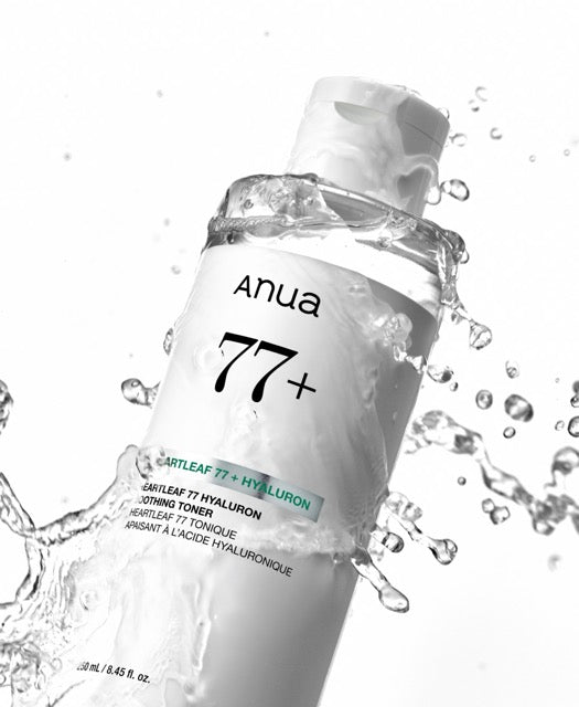 Anua Heartleaf 77 Hyaluron beruhigender Feuchtigkeitstoner in 250 ml Flasche, zeigt den Toner in einer eleganten Verpackung