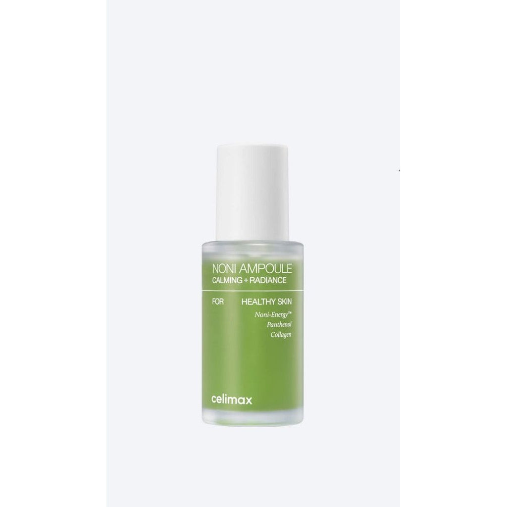 Celimax Noni Ampoule Calming + Radiance, 30ml, Flasche mit klarer Flüssigkeit und Pumpverschluss, für gepflegte Haut.