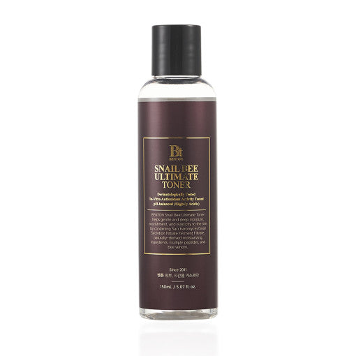 Benton Snail Bee Ultimate Toner in 150 ml Flasche, zeigt die Verpackung mit Toner-Flüssigkeit und Markenlogo.