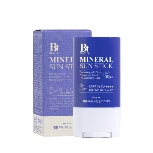 Benton Mineral Sun Stick mit SPF50+ und PA++++, 15g, cremige Textur, auf einem weißen Hintergrund.