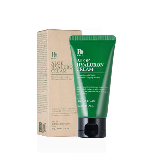 Benton Aloe Hyaluron Creme in 50g mit cremiger Textur und Aloe Vera für feuchtigkeitsspendende Hautpflege.