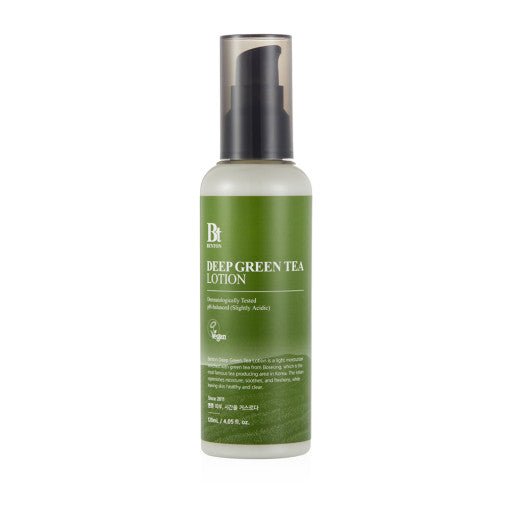 Benton Deep Green Tea Lotion in 120ml Flasche, grüne Verpackung mit Lotion, für gepflegte Haut, natürliche Inhaltsstoffe