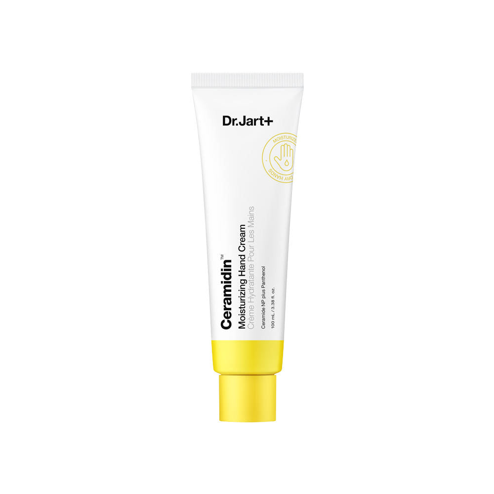 Dr. Jart+ Ceramidin Handcreme, feuchtigkeitsspendend, 100 ml, gepflegte Hände mit feiner Textur, sichtbar in der Verpackung